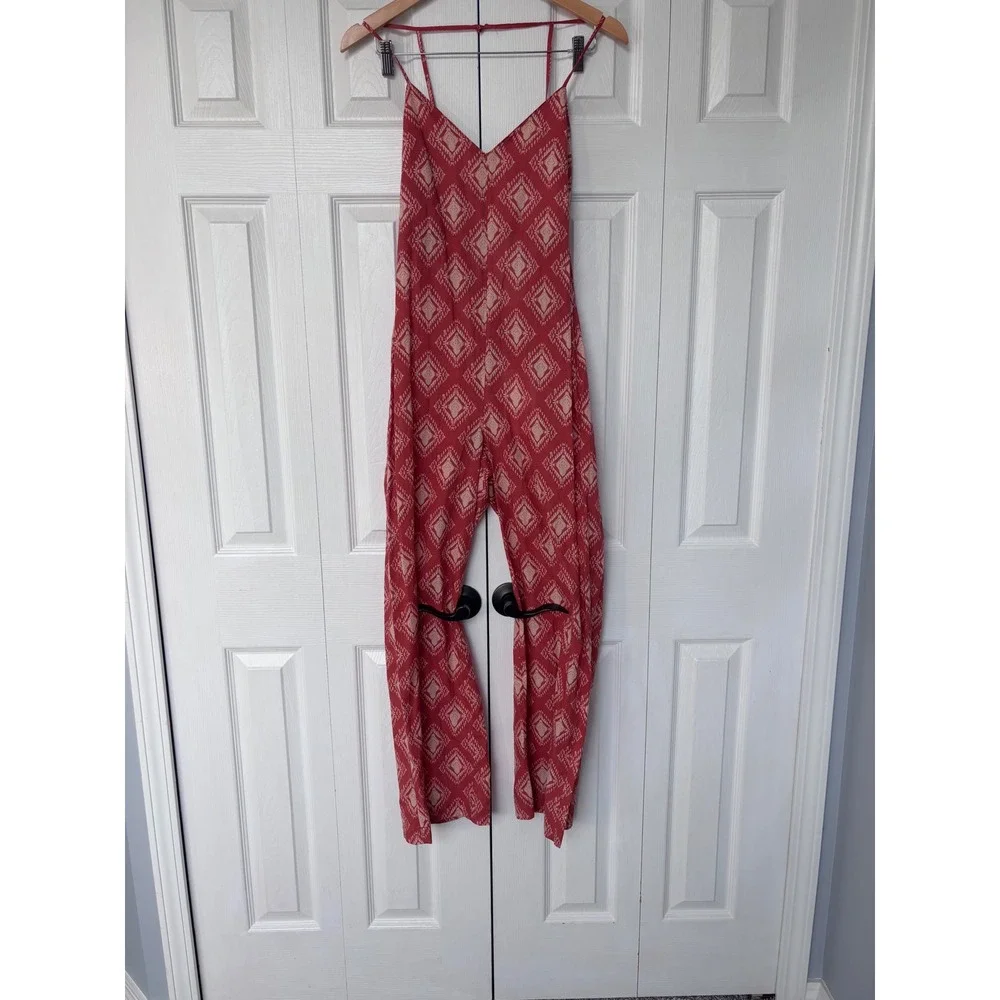 Zara The Jami Jumpsuit V-Neck Open Back Wide Leg Terracotta Print Small‎ NWT